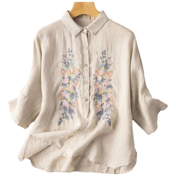 women's blouses & shirts 2021 arrival spring/summer turn-down collar three quarter sleeve blouse floral embroidery cotton linen casual, White
women's blouses & shirts 2021 arrival spring/summer turn-down collar three quarter sleeve blouse floral embroidery cotton linen casual, White