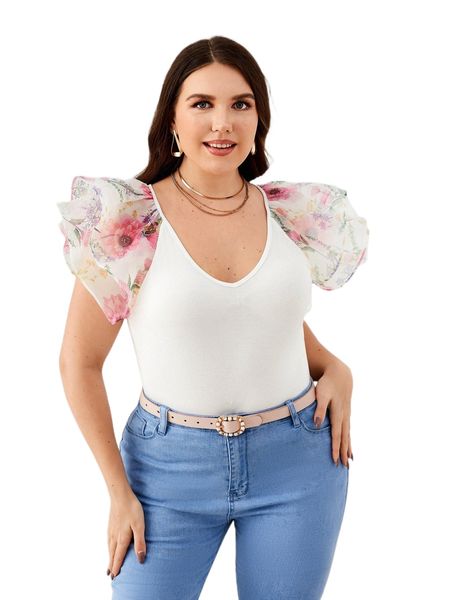 plus floral print ruffle sleeve m3mz#, Black