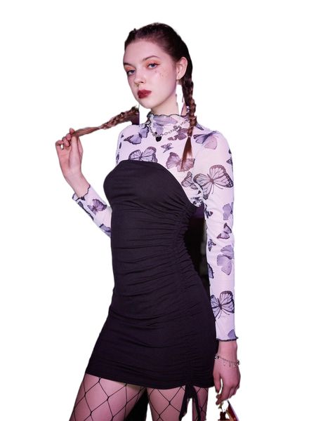 romwe punk rock solid ruched tube dress & allover butterfly mesh v7x3#, White