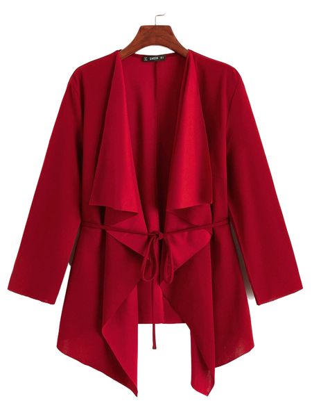 waterfall collar asymmetrical hem belted coat y1zw#, Black 
waterfall collar asymmetrical hem belted coat y1zw#, Black