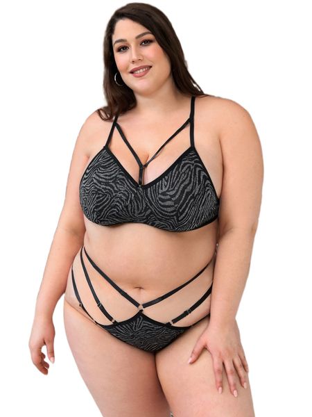 plus zebra stripe harness lingerie set t5va#, Black;white