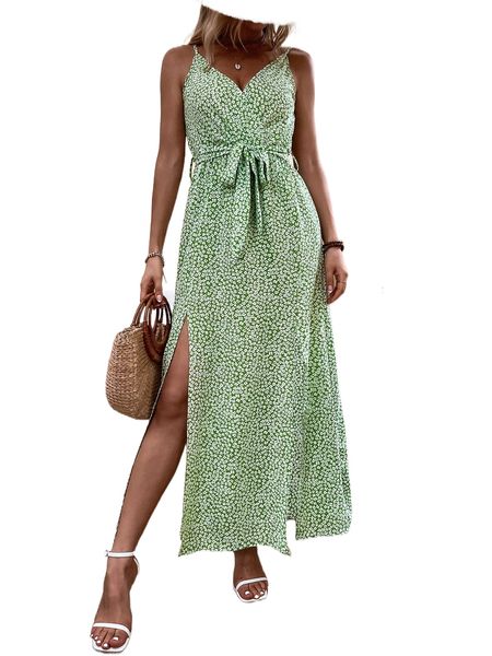 ditsy floral split thigh belted cami dress y3rt#, Black;gray
