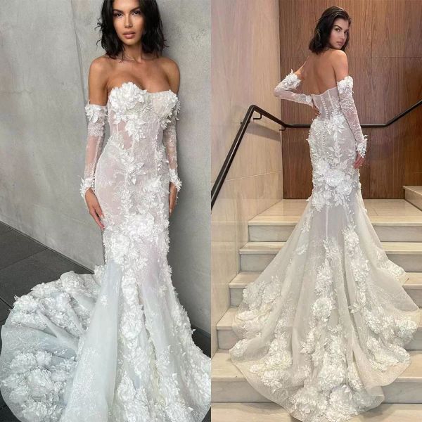 gorgeous mermaid wedding dresses bridal gown with detachable long sleeves illusion bodice 3d floral applique sweetheart neckline pleats cust, White
gorgeous mermaid wedding dresses bridal gown with detachable long sleeves illusion bodice 3d floral applique sweetheart neckline pleats cust, White