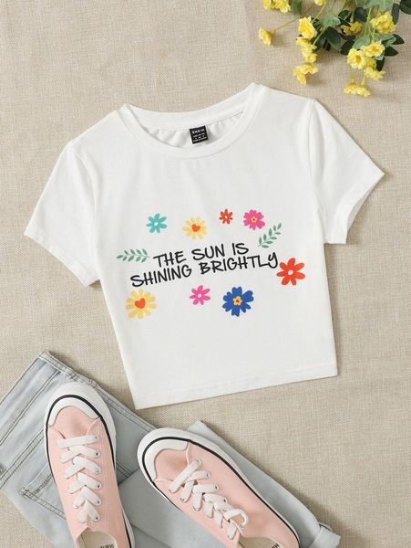 slogan & floral print crop tee c6m4#, White
slogan & floral print crop tee c6m4#, White