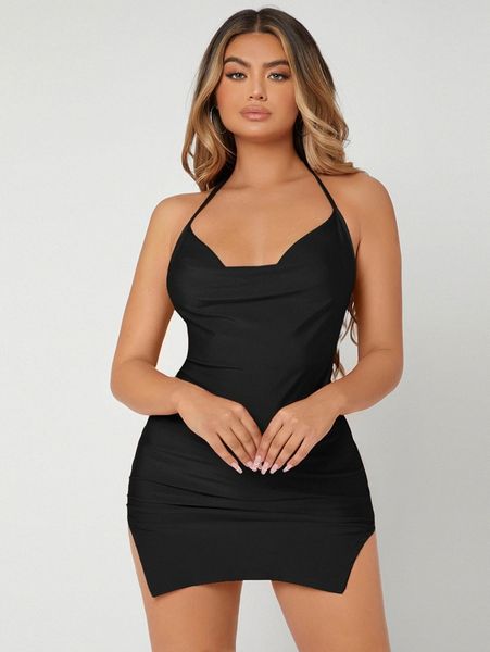 tied backless -split hem dress q0vu#, Black;gray
tied backless -split hem dress q0vu#, Black;gray