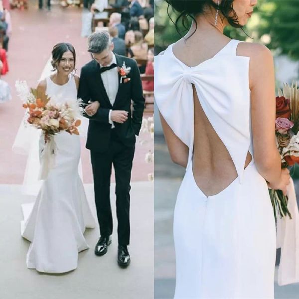 2022 mermaid wedding dresses satin backless beach sleeveless bow jewel neck sweep train custom made boho wedding gown vestidos de novia, White
2022 mermaid wedding dresses satin backless beach sleeveless bow jewel neck sweep train custom made boho wedding gown vestidos de novia, White
