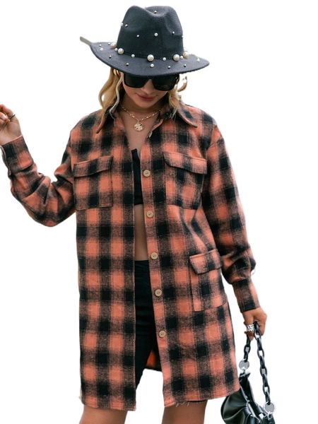 simplee plaid flap pocket drop shoulder coat z92k#, Black