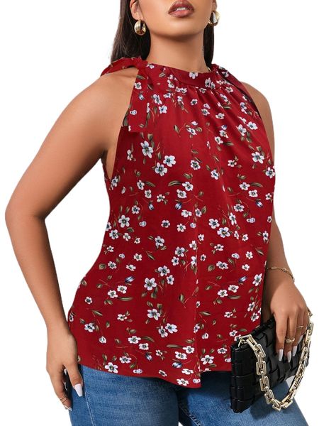 plus allover floral print knot side blouse u0nb#, Black
