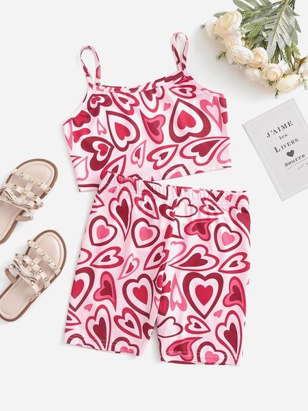 girls heart print cami and biker shorts set she, White