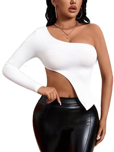 asymmetrical hem one shoulder 00an#, White