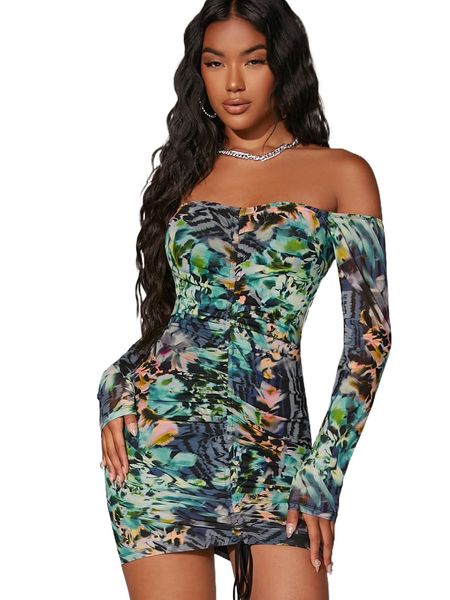 bae mixed print drawstring front bardot dress o8vr#, Black;gray 
bae mixed print drawstring front bardot dress o8vr#, Black;gray