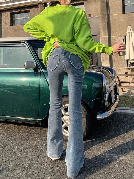 women's jeans designer 22 spring and summer new street spice style love pocket high waist thin bell bottomed pants long leg ground drag, Blue