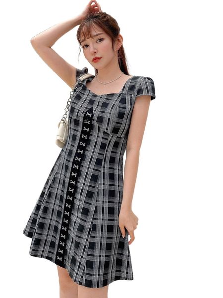 dazy plaid print hook and eye dress l78s#, Black;gray 
dazy plaid print hook and eye dress l78s#, Black;gray