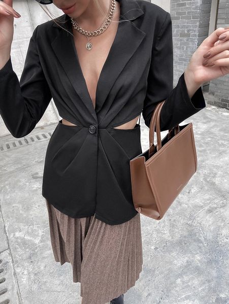 cut out side single button ruched blazer k26a#, White
cut out side single button ruched blazer k26a#, White