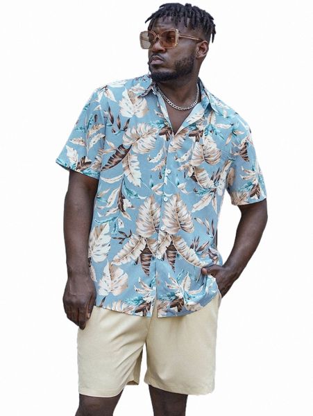 extended sizes men tropical print shirt & solid shorts a19x#, Gray