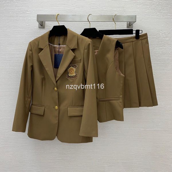 two piece dress college style embroidered badge slim suit jacket v-neck vest with pleated skirt three piece set, White
two piece dress college style embroidered badge slim suit jacket v-neck vest with pleated skirt three piece set, White