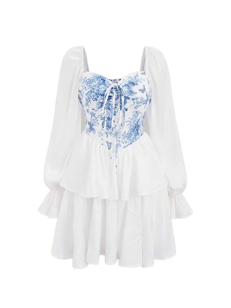 mod floral print flounce sleeve drawstring dress r3tb#, Black;gray 
mod floral print flounce sleeve drawstring dress r3tb#, Black;gray