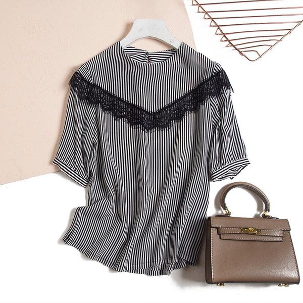 women's t-shirt silk women vertical stripes round neck sleeves blouse lace french temperament spring 2022women's, White
women's t-shirt silk women vertical stripes round neck sleeves blouse lace french temperament spring 2022women's, White