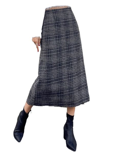 dazy high waist plaid split back frayed hem tweed skirt s1d9#, Black
dazy high waist plaid split back frayed hem tweed skirt s1d9#, Black