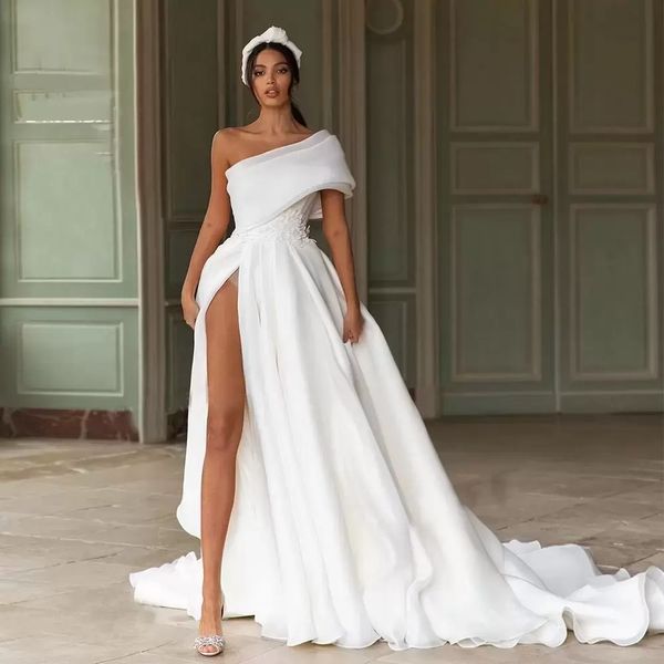 custom made beach plus size wedding dress one-shoulder high split appliques lace bridal gowns a-line organza wedding dresses vestidos, White
custom made beach plus size wedding dress one-shoulder high split appliques lace bridal gowns a-line organza wedding dresses vestidos, White