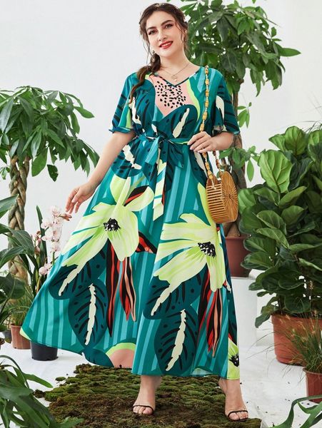 plus striped & floral print butterfly sleeve belted maxi dress o5qf#, Black