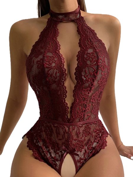 bow detail lace halter teddy bodysuit without panty e7xc#, Black;red