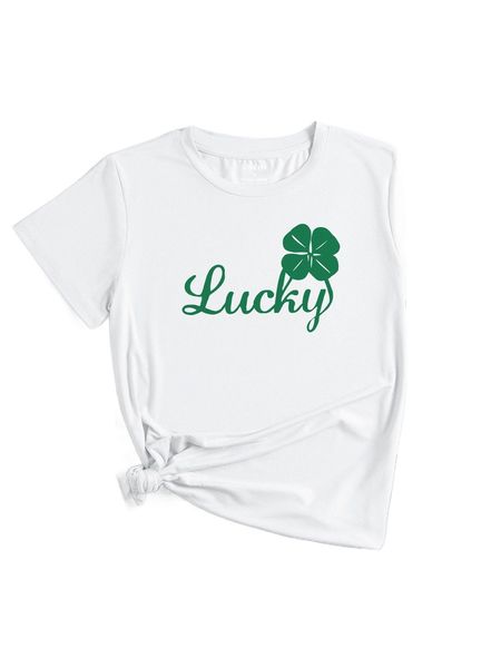 four-leaf clover & letter graphic tee k3hj#, White 
four-leaf clover & letter graphic tee k3hj#, White