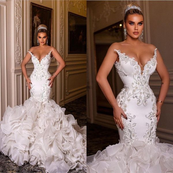 vintage mermaid wedding dresses tiered ruffles bridal gowns lace beaded customise trumpet bride elegant vestido de novia, White
vintage mermaid wedding dresses tiered ruffles bridal gowns lace beaded customise trumpet bride elegant vestido de novia, White