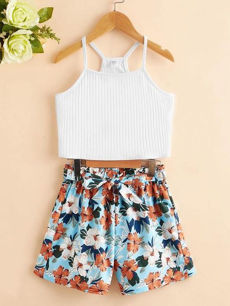 girls solid cami & floral print paperbag waist belted shorts she, White
girls solid cami & floral print paperbag waist belted shorts she, White