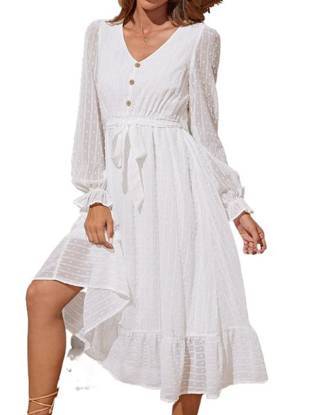 swiss dot flounce sleeve ruffle hem belted dress v5cn#, Black;gray
swiss dot flounce sleeve ruffle hem belted dress v5cn#, Black;gray