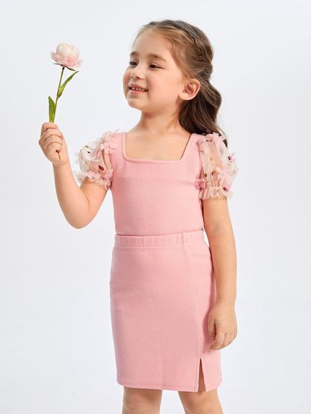 toddler girls contrast mesh applique tee & skirt she, White