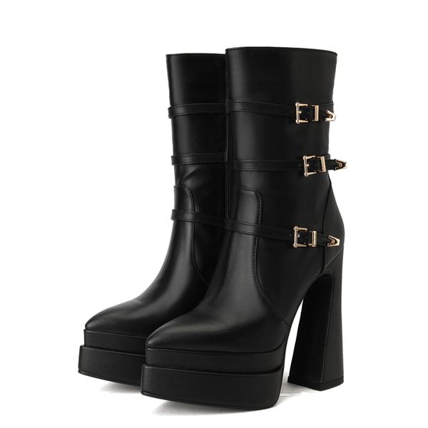 2022 new autumn and winter women's boots fashion buckle decoration platform high heels rear zipper waterproof gothic shoes, Black
2022 new autumn and winter women's boots fashion buckle decoration platform high heels rear zipper waterproof gothic shoes, Black