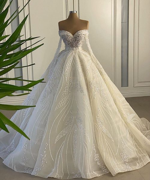 unique lace ball gown wedding dresses off the shoulder beaded crystal sequined long sleeve bridal gowns custom vestido de novia, White
unique lace ball gown wedding dresses off the shoulder beaded crystal sequined long sleeve bridal gowns custom vestido de novia, White