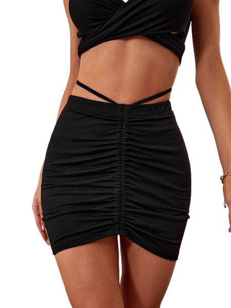 drawstring tie back bodycon skirt 69n2#, Black