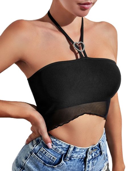 rhinestone heart ring detail backless crop halter w0aa#, White 
rhinestone heart ring detail backless crop halter w0aa#, White