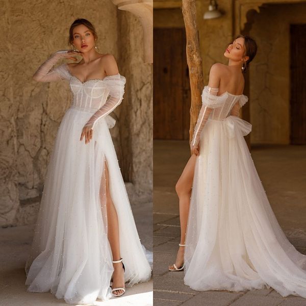 boho pearls split wedding dress 2022 bohemian a line tulle wedding gowns off the shoulder beach bridal pshoot dresses, White
boho pearls split wedding dress 2022 bohemian a line tulle wedding gowns off the shoulder beach bridal pshoot dresses, White