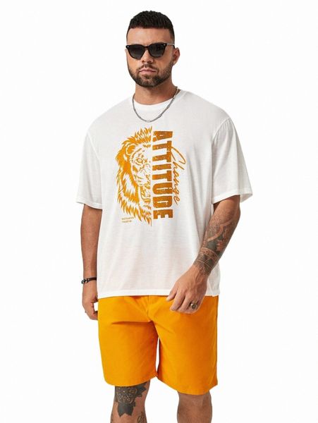 extended sizes men lion & letter graphic tee & shorts d9fc#, Gray