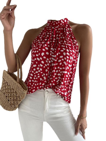 dalmatian print tie back halter blouse u5p8#, White
dalmatian print tie back halter blouse u5p8#, White