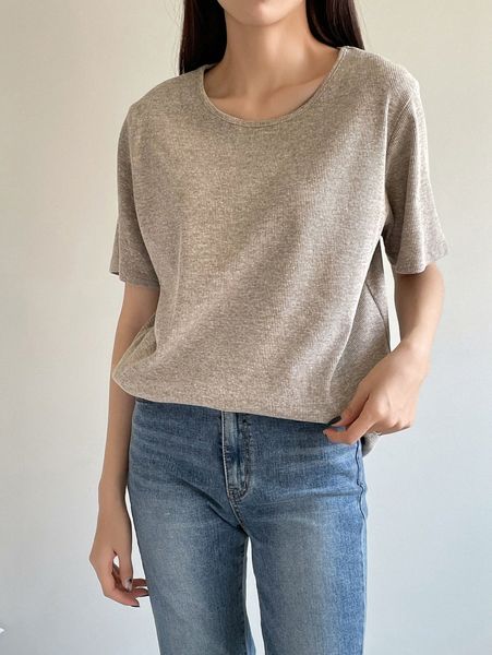 dazy rib knit round neck tee w0st#, White