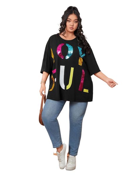 plus drop shoulder letter sequin tee s9kg#, Black