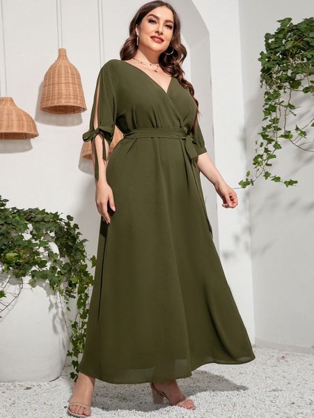 plus split sleeve knot cuff belted dress f0hw#, Black