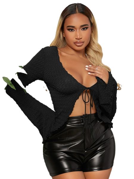 sxy solid flounce sleeve tie front tee r9c2#, White