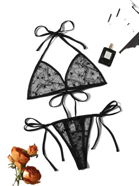 star pattern mesh lingerie set e8hm#, Black;red 
star pattern mesh lingerie set e8hm#, Black;red