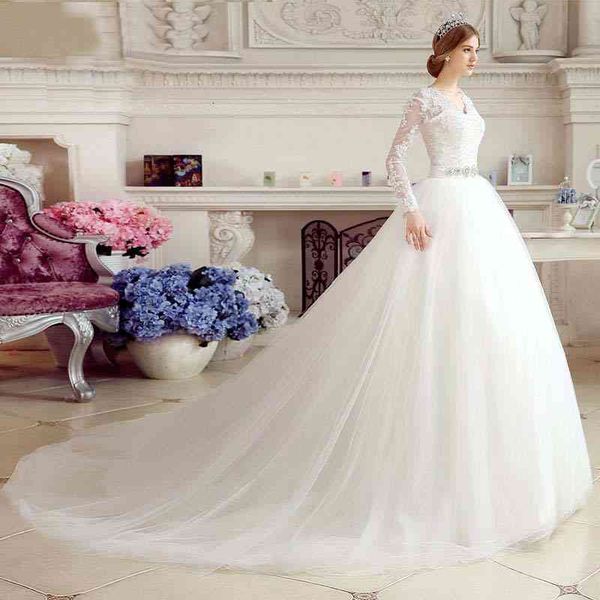 ball gown wedding dresses dress korean trailing lace long sleeve bridal v-neck, White
ball gown wedding dresses dress korean trailing lace long sleeve bridal v-neck, White