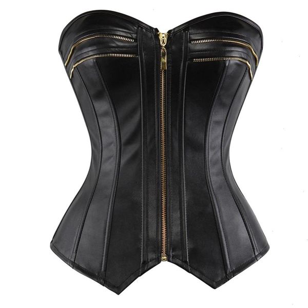 

black faux leather corsets steampunk zipper front body shaper bustier overbust corset women waist cincher corselet plus size, Black;white