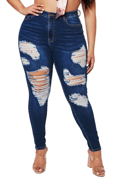 plus high waist ripped frayed skinny jeans v6xc#, Blue