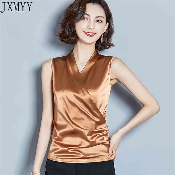 korean fashion silk women blouses satin sleeveless pink women shirts plus size xxxl womens and blouses ladies 210412, White;black