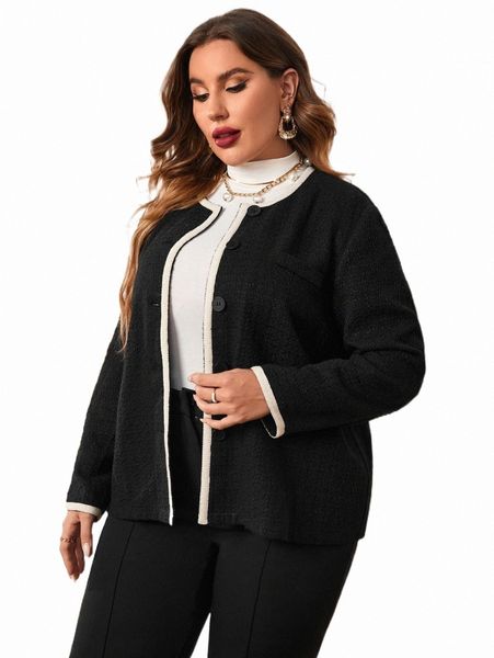 plus button front contrast trim jacket 48l6#, Black
plus button front contrast trim jacket 48l6#, Black