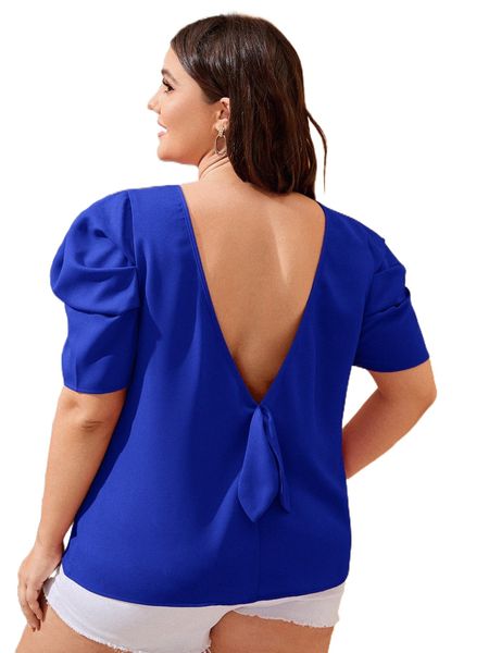 plus v back puff sleeve blouse l6rm#, Black