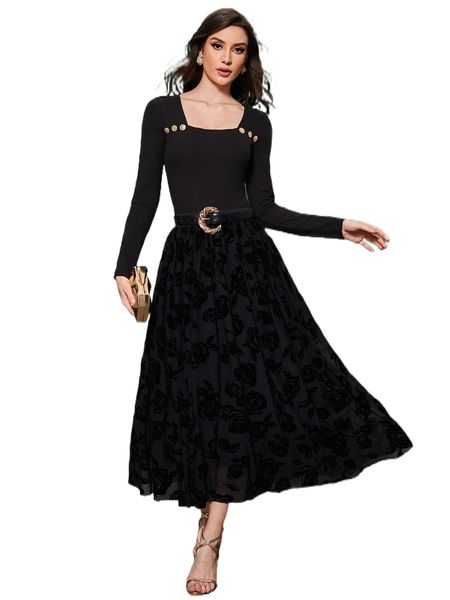 flocked mesh skirt without belt p5ey#, Black 
flocked mesh skirt without belt p5ey#, Black